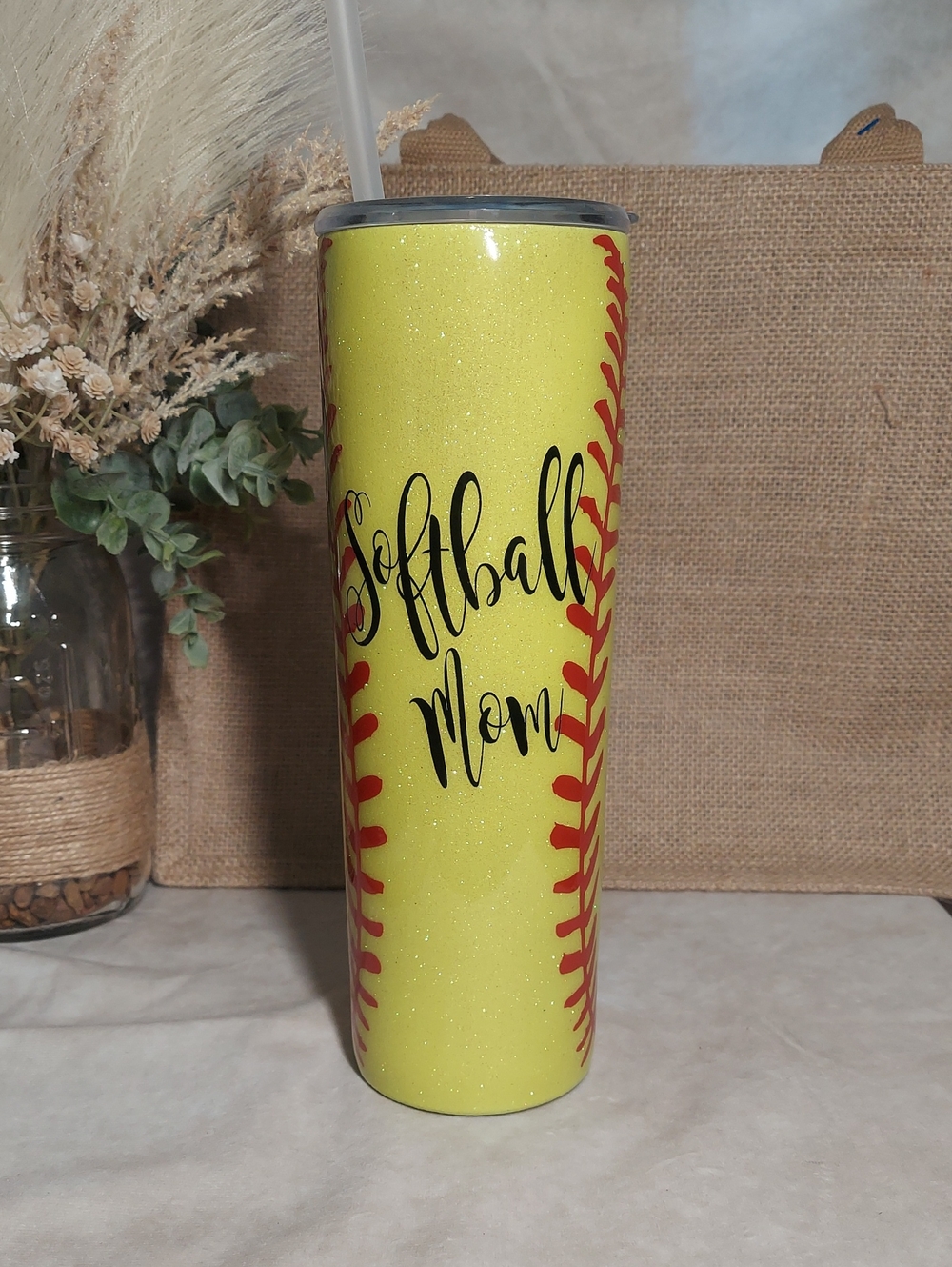 Gypsy Soul Creations Custom Softball Mom Glitter Tumbler with Straw 26 Ounce
